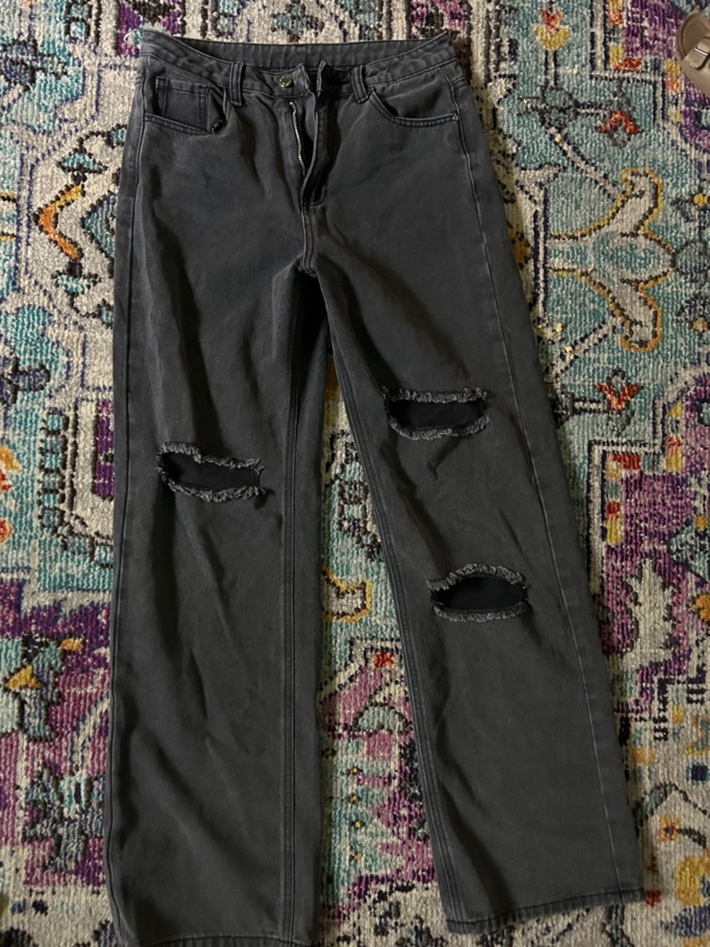 SHEIN Black Distressed Straight-Leg Jeans Tall